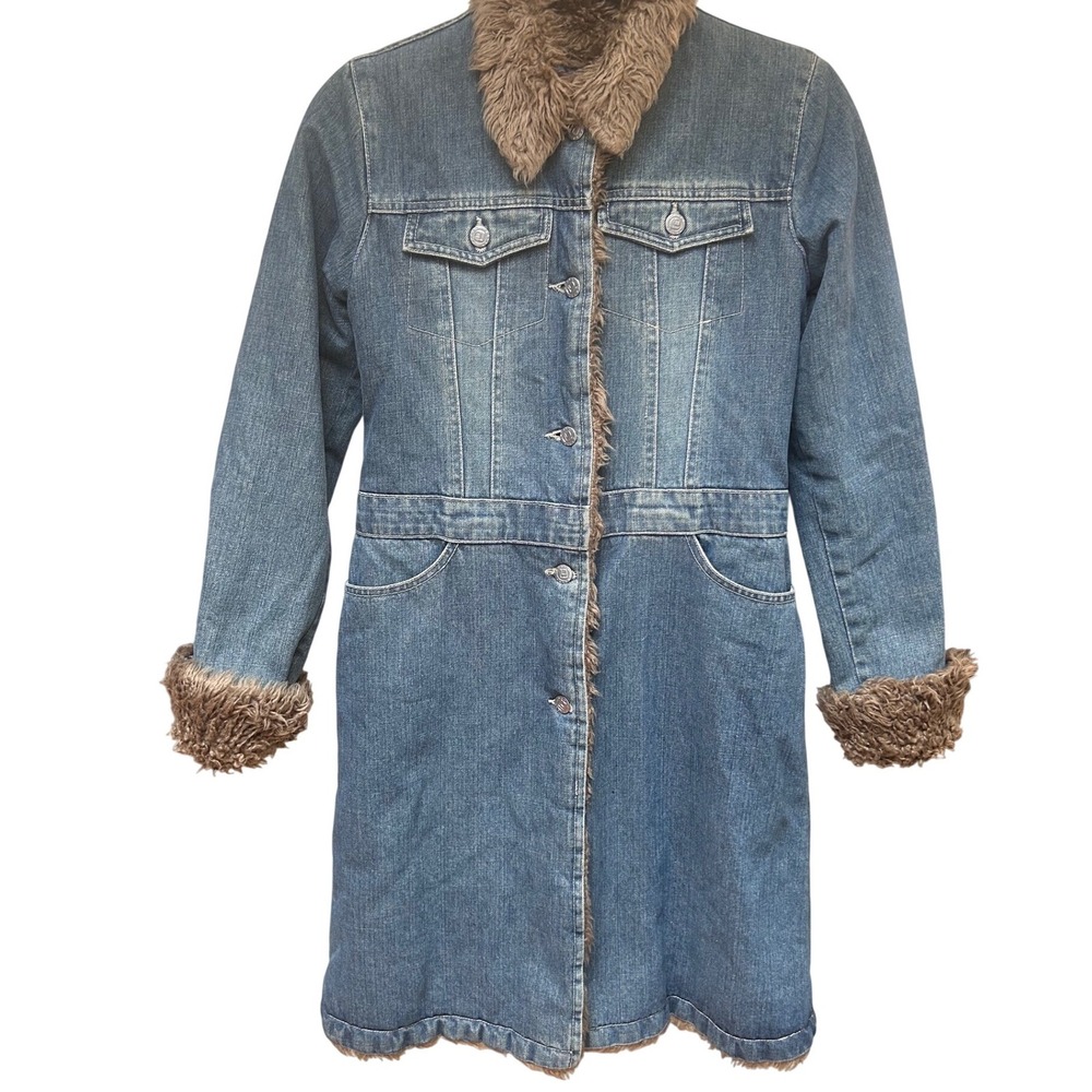 Orper Vintage Faux Fur Lined Denim Long Jacket Coat Medium Wash Blue Size 34